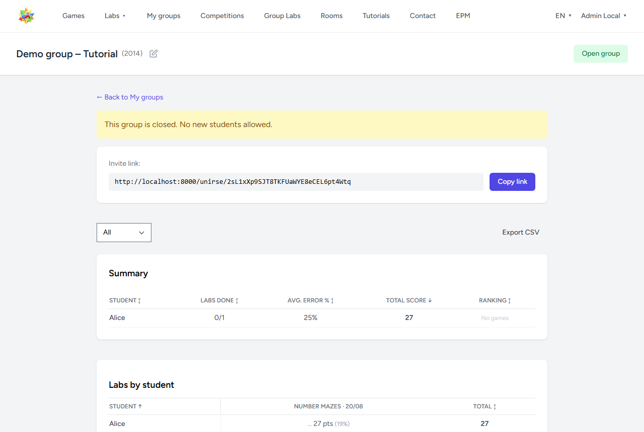 From here, the group is ready for a lab or a competition — with live tracking and real results, like the one below.