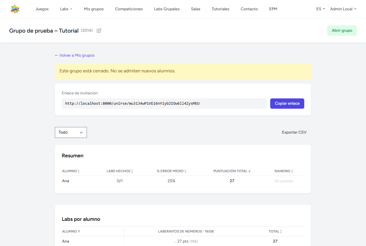 A partir de aquí, el grupo está listo para lanzarle un lab o una competición — con seguimiento en vivo y resultados reales, como en la ficha de abajo.